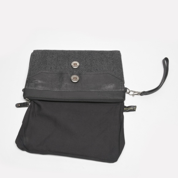 FOSSIL Herringbone Flannel and Pebbled Leather Wristlet Clutch Free Bracelet - Picture 4 of 15